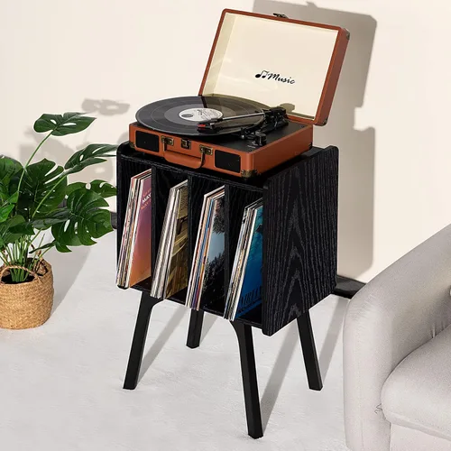 Vista 7 de LELELINKY - Soporte para tocadiscos de 11.7 pulgadas de ancho, mesa de almacenamiento para discos de vinilo color negro con 4 gabinetes, almacena