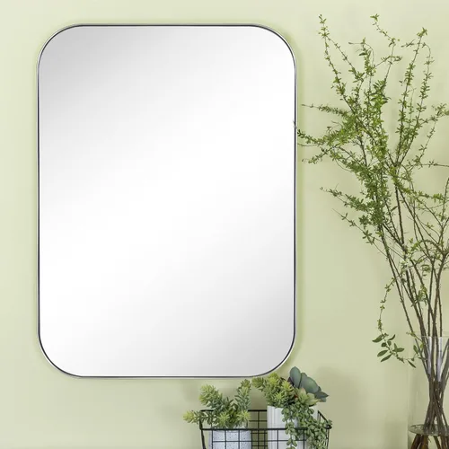 Vista 5 de Espejo de pared rectangular redondeado de níquel cepillado de 24 x 36 pulgadas, espejo de pared de acero inoxidable plateado, marco de metal