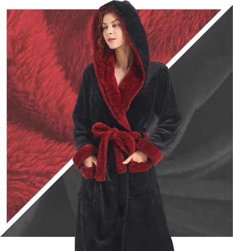 Vista 7 de Inner Wish Bata de felpa con capucha para mujer, de forro polar, acogedora y cálida, bata de spa con bolsillos