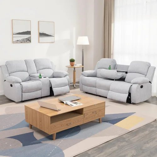 Vista 17 de Juego de sofá reclinable manual para sala de estar, juego de muebles de 3 piezas, sofá reclinable de tela Courduroy y dos sillas con mesa Azul
