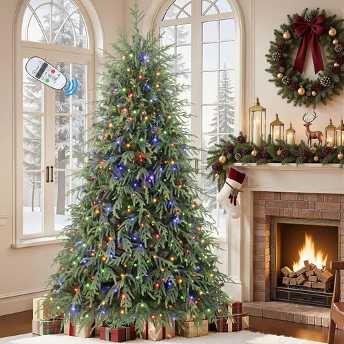 Vista 3 de SHareconn Árbol de Navidad artificial de pino Norfolk preiluminado de 4 pies con bisagras y control remoto, 450 luces LED multicolores preiluminadas