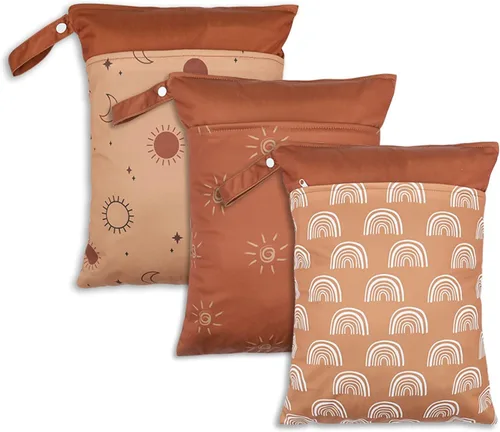 Vista 7 de Paquete de 3 bolsas húmedas y secas para pañales de bebé y piezas de extractor de leche, bolsa impermeable reutilizable con dos bolsillos