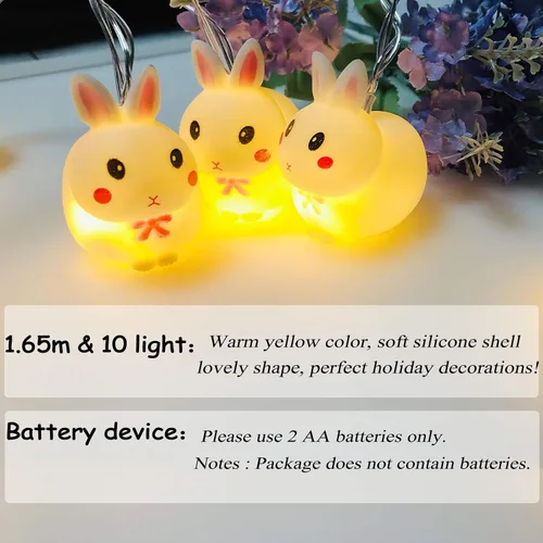 Vista 5 de Luz decorativa de conejo de Pascua, bonita tira de luces flexibles de conejo, funciona con pilas, 5.4 ft, 10 luces LED para decoración del hogar