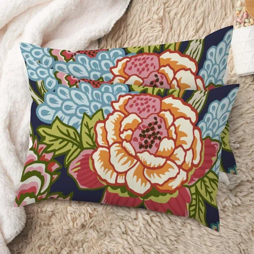 Vista 47 de Juego de 2 almohadas coloridas de estilo chinoiserie, color rosa intenso, azul real, peonía, floral, blanco, lino, estilo chinoiserie, para sofá