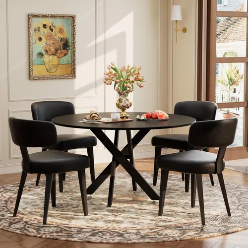 Vista 10 de Juego de mesa de comedor de madera para 2, mesa de cocina redonda de 36 pulgadas con 2 sillas de comedor Boucle, mesa de MDF con patas de metal