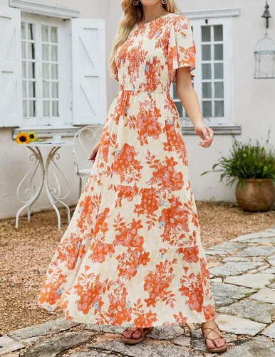 Vista 2 de ZESICA Vestido largo casual de verano para mujer, con estampado floral, manga corta con vuelo, cuello redondo, cintura alta fruncida