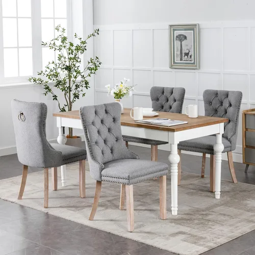 Vista 82 de Juego de 2 sillas de comedor de terciopelo con patas de madera, color beige Mid Century Modern Dining Chairs,Upholstered Chairs with Nailhead