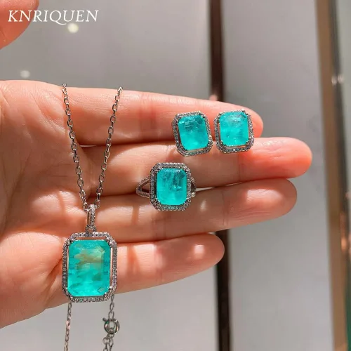Vista 2 de Vintage 925 plata esterlina paraiba turmalina piedras preciosas pendientesanillocollar de lujo boda fina joyería conjuntos para mujeres