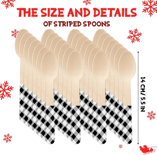 Vista 2 de Umigy 100 cucharas de madera desechables de 5.5 pulgadas, cucharas de madera desechables de Navidad con patrón de cuchara de madera para chocolate