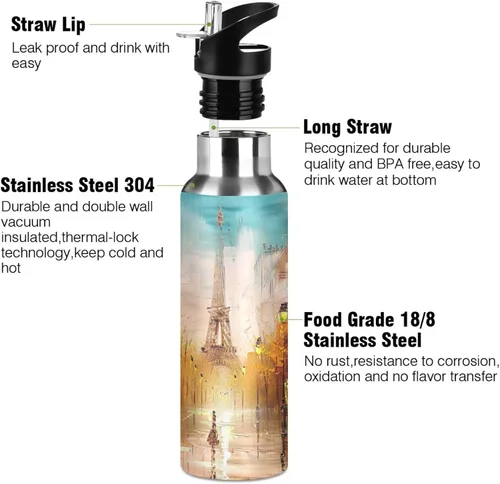 Vista 3 de Stainless Steel Vacuum Insulated Water Bottle 32 Oz, Leakproof Water Bottles for Gym Outdoor Travel School, Painting Street Paris Eiffel