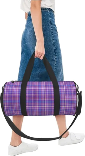Vista 4 de Large Duffle Bag for Travel - Retro Purple Plaid Print Gym Bag for Women Men, Travel Foldable Bags for Women Men with Zippered Multiple Pockets