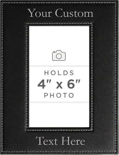 Vista 50 de Marco de fotos de piel sintética de cuero sintético grabado para añadir tu texto personalizado para colgar o en la mesa, marco de fotos familiares