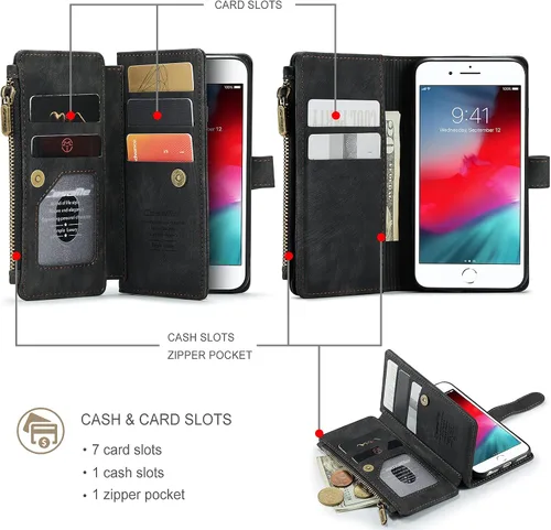 Vista 2 de UEEBAI - Funda tipo cartera para iPhone SE 2022 5G/iPhone 7/iPhone 8/iPhone SE 2020, hecha a mano, de piel sintética, con ranuras para tarjetas
