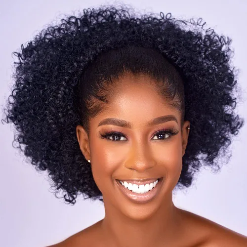Vista 11 de Extensión de cola de caballo rizada con cordón para mujeres negras, extensiones de cabello sintético corto afro kinkys rizado con dos clips (1#)