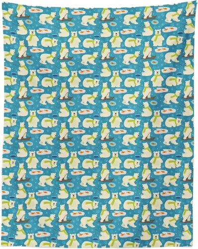 Vista 3 de Lunarable Cartoon Tapestry, Polar Bear with Scarf Skiing and Ice Fishing Cold Weather Arctic Animal, Fabric Wall Hanging Decor for Bedroom Living
