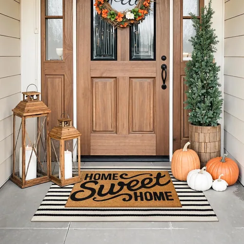 Vista 3 de KIMODE - Alfombra de algodón tejida con diseño a rayas en color negro, para puerta de entrada, cocina, decoración de estilo rústico Striped