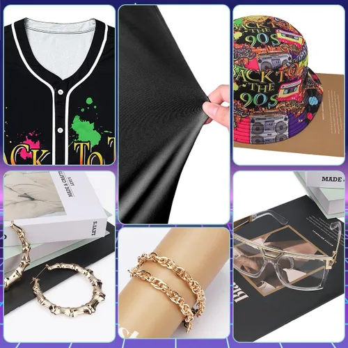Vista 3 de Traje de los años 80 y 90 para mujer, disfraz unisex de hip hop, camiseta de béisbol, pantalones de yoga, sombrero de pescador, cadena dorada