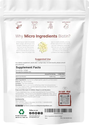 Vista 2 de Micro Ingredients Biotin 5,000mcg 365 cápsulas blandas de aceite de coco virgen, liberación rápida, suministro de un año Apoya el cabello