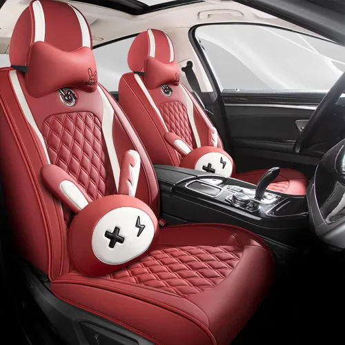 Vista 9 de Juego de fundas para asiento de lindo conejito, 5 piezas con cuero PU impermeable para autos, SUV, camionetas, ajuste universal (Beige)