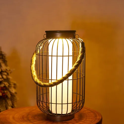Vista 10 de pearlstar Farol grande con energía solar para exteriores, luces colgantes de metal resistente, lámpara de mesa solar decorativa impermeable