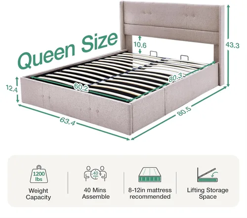 Vista 2 de Novilla Base de cama Queen con almacenamiento elevable, base de cama de plataforma tapizada con almacenamiento, no necesita somier, soporte