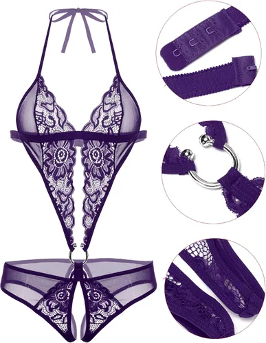 Vista 3 de Avidlove - Lencería de encaje con escote profundo en V para mujer, mini body de una pieza, baby doll, teddy