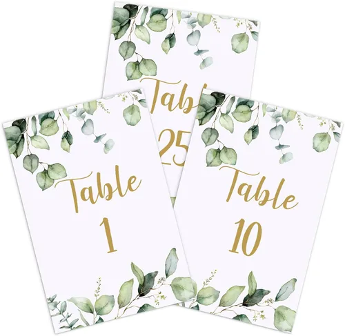 Vista 8 de Zonon 26 Piezas Tarjetas de Números de Mesa de Boda 1-25 con Números de Mesa Principal Tarjetas de Doble Cara de Follaje de Eucalipto Centros