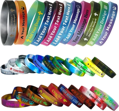 Vista 10 de 10/30/50/100 pulseras de silicona personalizadas para eventos, fiestas, conciencia, pulseras multicolor personalizadas a granel Texto en relieve