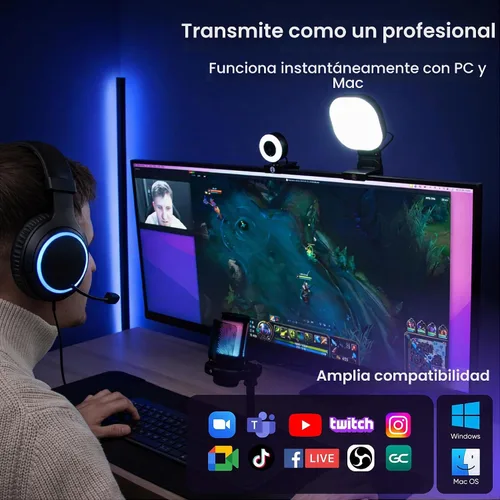 Vista 3 de Kit de transmisión de cámara web para configuración de juegos: cámara HD 1080P, micrófono USB RGB y luz LED, accesorios de transmisión todo en uno