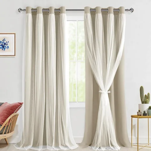 Vista 66 de Hiasan Cortinas opacas con superposición transparente, aislamiento térmico para mezclar y combinar de doble capa, cortinas de oscurecimiento de Beige