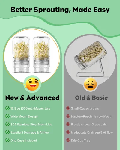 Vista 4 de Pawfly Sprouting Jar Kit with 16.9 Oz (500 mL) Mason Jars， 2 Packs 2 Packs, Curved-shoulder Glass Jars, Stainless Steel Mesh Lids, Home Seed