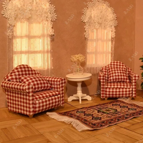 Vista 8 de iLAND Lindos juguetes para niñas de 6 a 8 años, encantadora decoración para casa de muñecas a escala 1/12, juego de sofás de gingham para casa