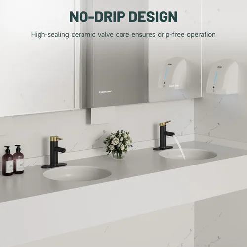 Vista 7 de Grifos de baño negros y dorados de 1 agujero, un solo mango, grifo de lavabo de baño moderno comercial con placa de cubierta, drenaje desplegable