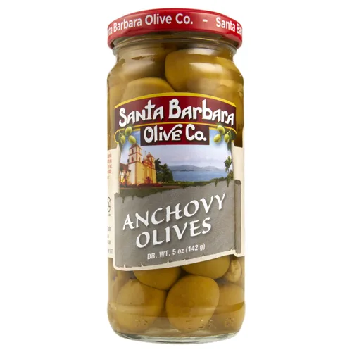 Vista 4 de Aceitunas verdes rellenas de anchoas sin hueso de Santa Barbara, perfectas para tablas de embutidos, ensaladas, pizza y pasta, paquete de 3, 5 onzas
