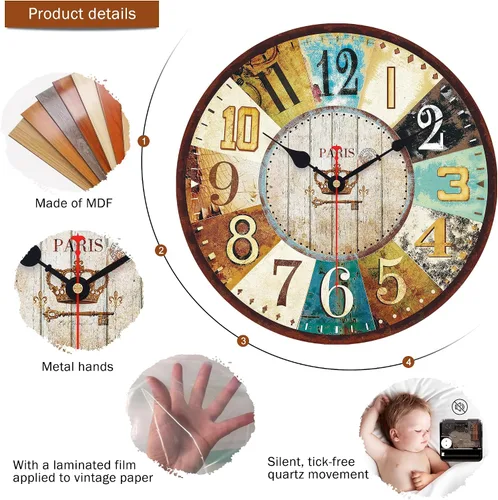 Vista 2 de VIKMARI Reloj de pared de madera de 14 pulgadas, decoración silenciosa del hogar del país francés toscano
