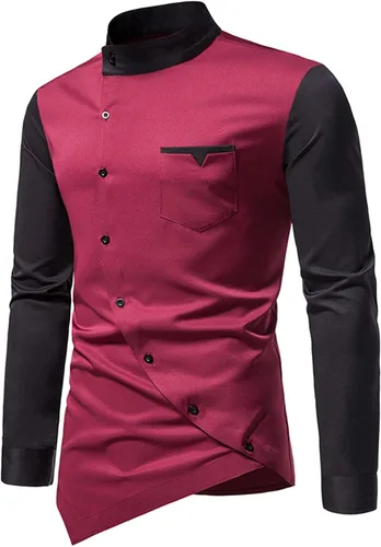 Vista 3 de Camisas de cuello mandarín para hombre, camisa de vestir asimétrica con botones, blusa ajustada con dobladillo irregular