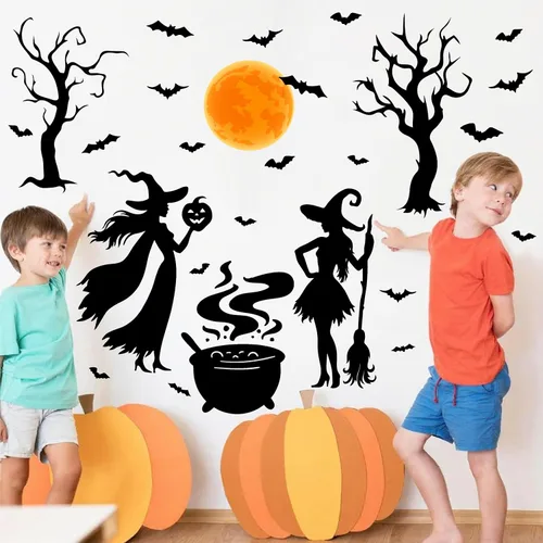 Vista 5 de Calcomanías de Halloween para ventana, calcomanías de brujas negras, calcomanías de pared de Halloween, murciélagos de árbol negro, murales de arte