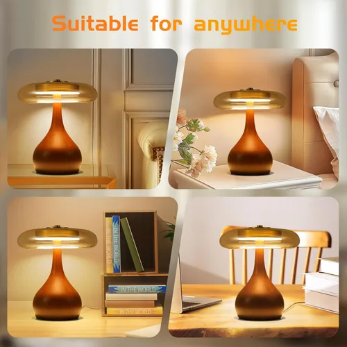 Vista 6 de Lámpara de mesa pequeña para dormitorio - lámpara de mesa con base de madera en forma de hongo lágrima, pantalla de vidrio ámbar, LED de tres