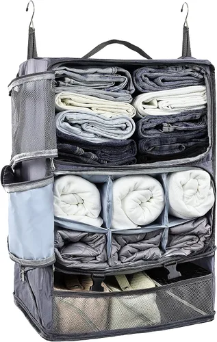 Vista 19 de ELEZAY Cubos de embalaje colgantes portátiles para armario, organizador de ropa de compresión plegable de 3 estantes para equipaje de mano, maleta