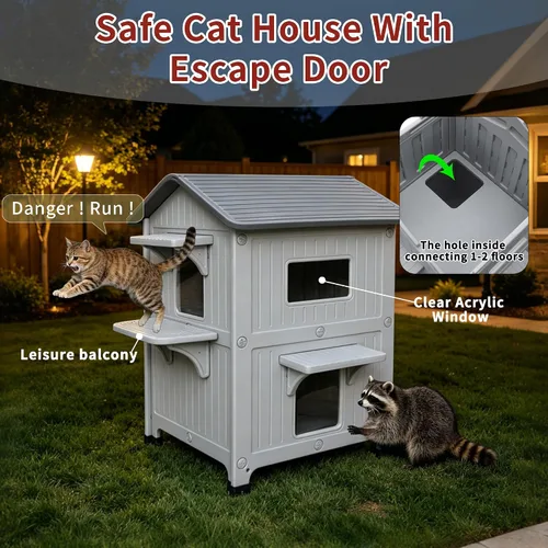 Vista 6 de Rockever Casa de gato con aislamiento de plástico para exteriores con puerta de escape, casa impermeable de 2 pisos para gatos al aire libre