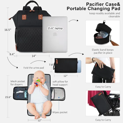 Vista 4 de Mochila para pañales para bebé, niña, niño, viaje, diseño unisex con funda para chupete, bolsillo para robo, cambiador, Negro -, Mochilas de viaje