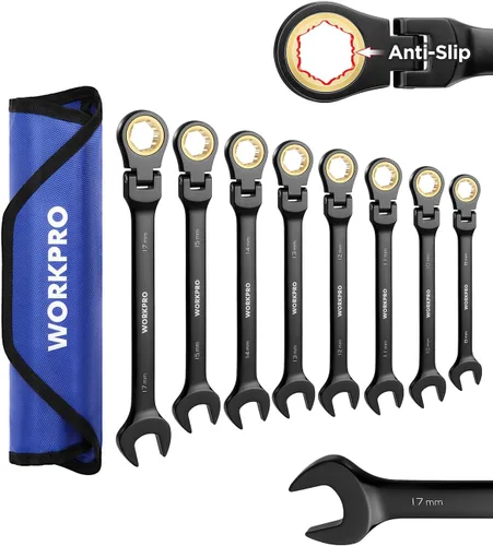 Vista 21 de WORKPRO Llave combinada de trinquete de 1/2 pulgada SAE, CR-V construida con cromado pulido espejo, diseño de 12 puntos, desplazamiento de 15 grados