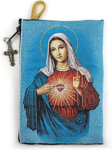 Vista 2 de Bolsa de rosario católico, corazón inmaculado de la Virgen María y símbolo de medalla milagrosa, joyería de 4 x 6 pulgadas y monedero con cruz