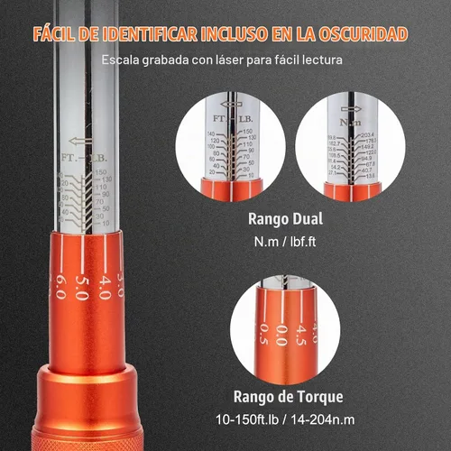 Vista 4 de VEVOR Llave dinamométrica de 1/2 pulgada con clic, escalas de doble rango mecánicas 10-150 pies.libras/14-204 Nm, de doble dirección ajustable