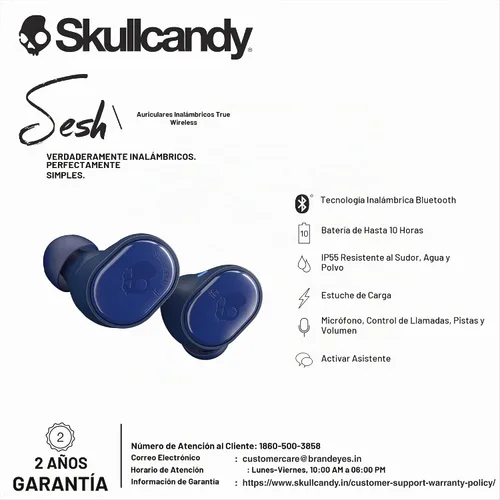 Vista 6 de Skullcandy Sesh - Auriculares que se colocan dentro del oído, inalámbricos, con Bluetooth Unitalla azul índigo