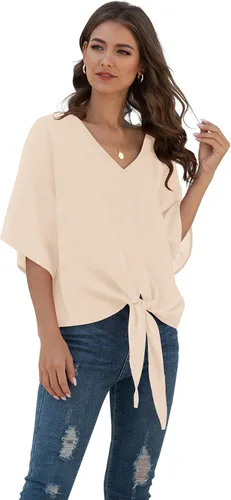 Vista 2 de VIISHOW Womens Tie Front Chiffon Blouses V Neck Batwing Short Sleeve Summer Tops Shirts Albaricoque