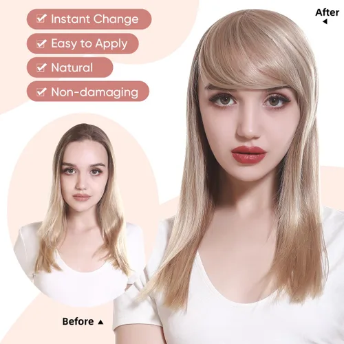 Vista 5 de SARLA Flequillo lateral negro marrón con clip en piezas de cabello sintético, extensión de flequillo recto para mujeres