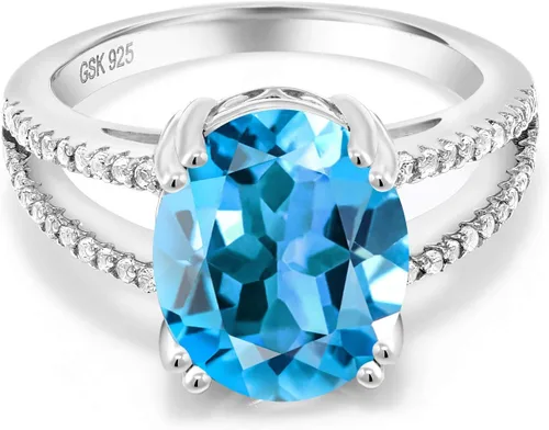 Vista 2 de Gem Stone King Anillo de plata de ley 925 con topacio azul suizo para mujer