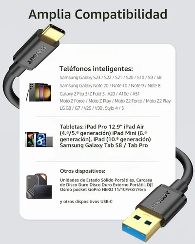 Vista 7 de SUNGUY Cable USB C para Android Auto de 4 pulgadas, 10 Gbps USB A a USB C 3.1 Gen 2, cable de transferencia de datos de carga rápida para iPhone 16