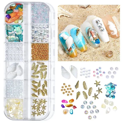 Vista 2 de Diamantes de imitación para uñas de playa de verano, diseño de concha y remaches con diseño de estrella de mar, diseño de concha y remaches